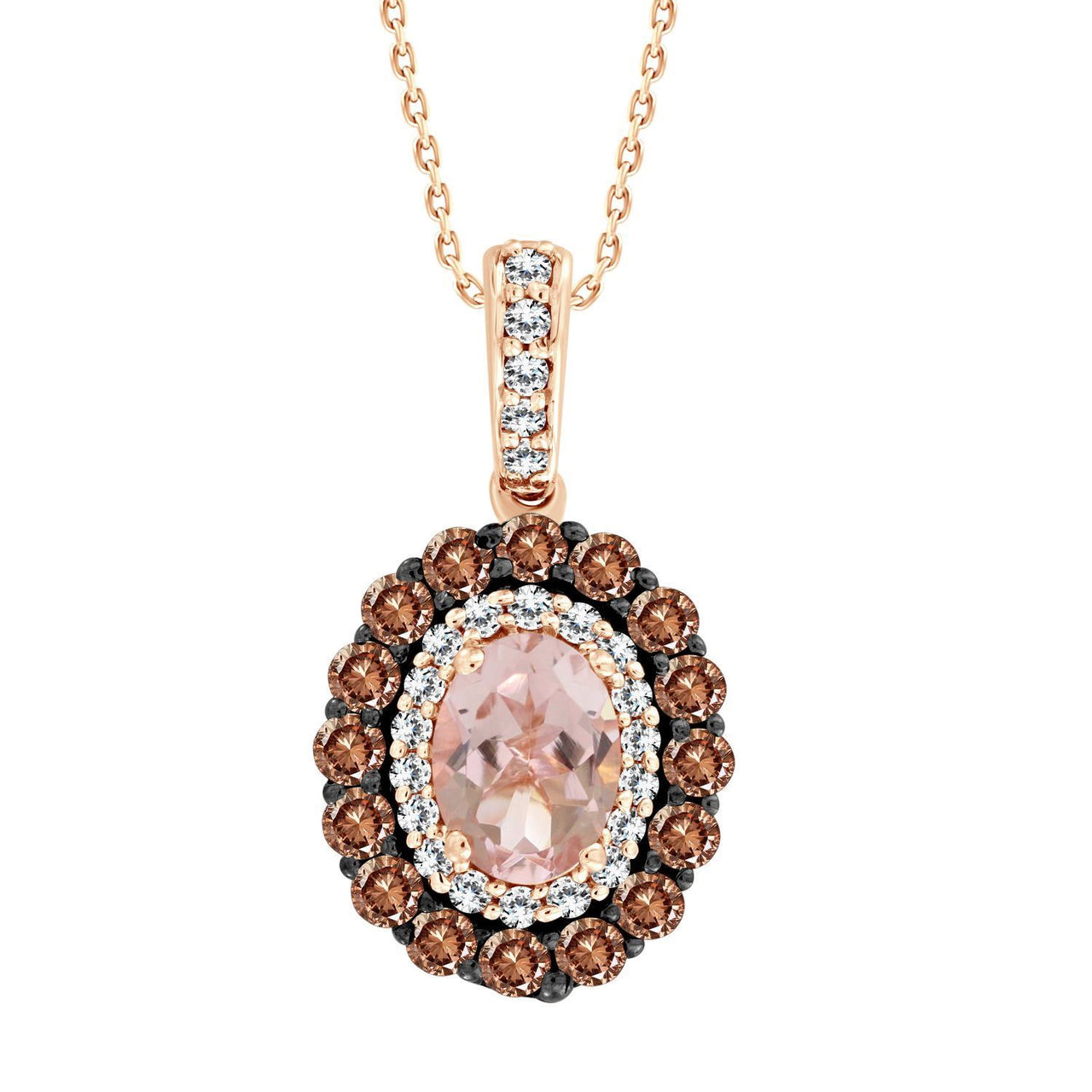 LADIES PENDANT 5/8 CT ROUND/CAPPUCCINO/OVAL PEACH MORGANITE DIAMOND 10K ROSE GOLD (CENTER-3/4)