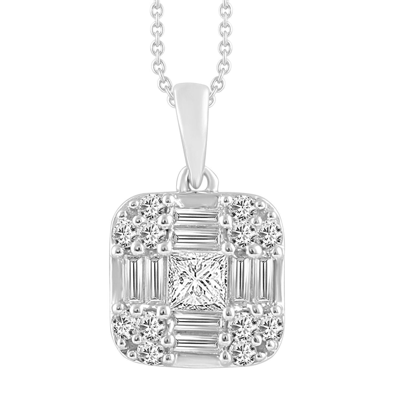 LADIES PENDANT 1/2 CT ROUND/BAGUETTE/PRINCESS DIAMOND 10K WHITE GOLD