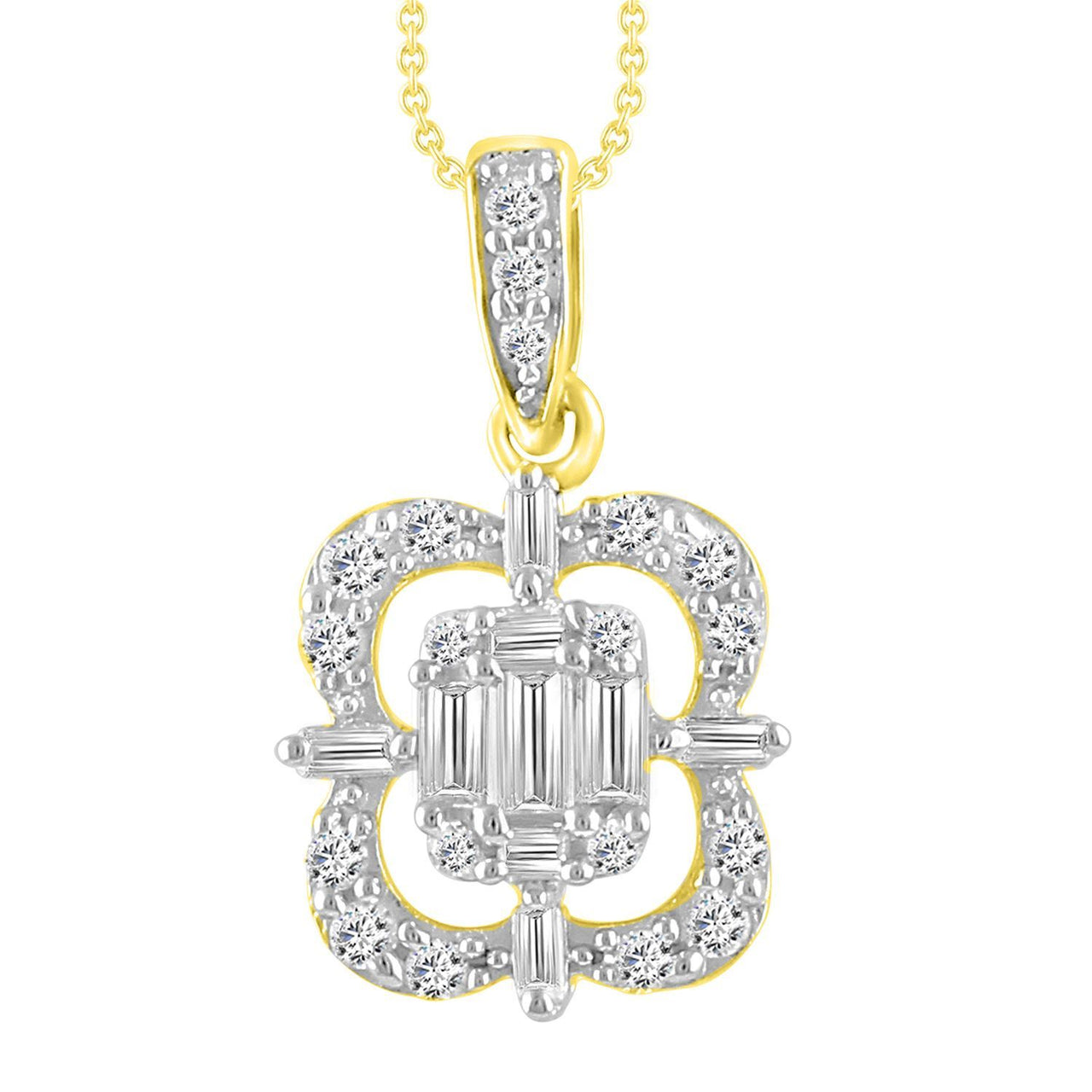 LADIES PENDANT 1/4 CT ROUND/BAGUETTE DIAMOND 10K YELLOW GOLD