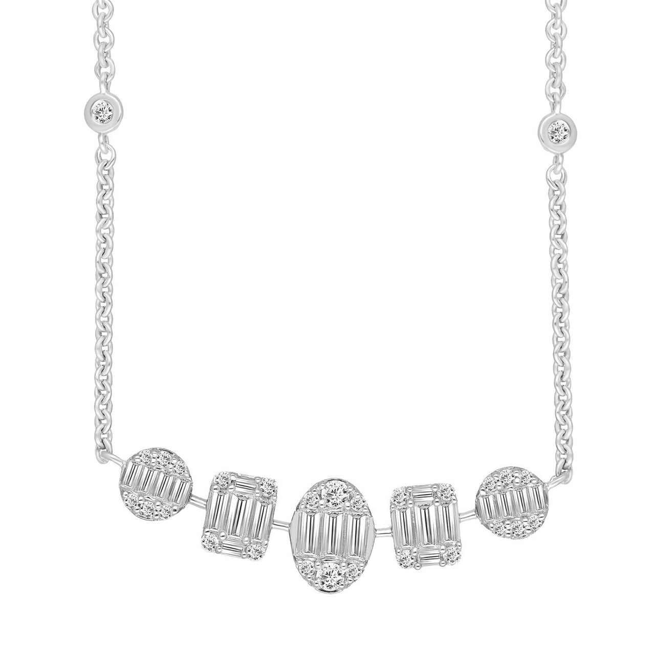 LADIES NECKLACE 1 CT ROUND/BAGUETTE DIAMOND 14K WHITE GOLD