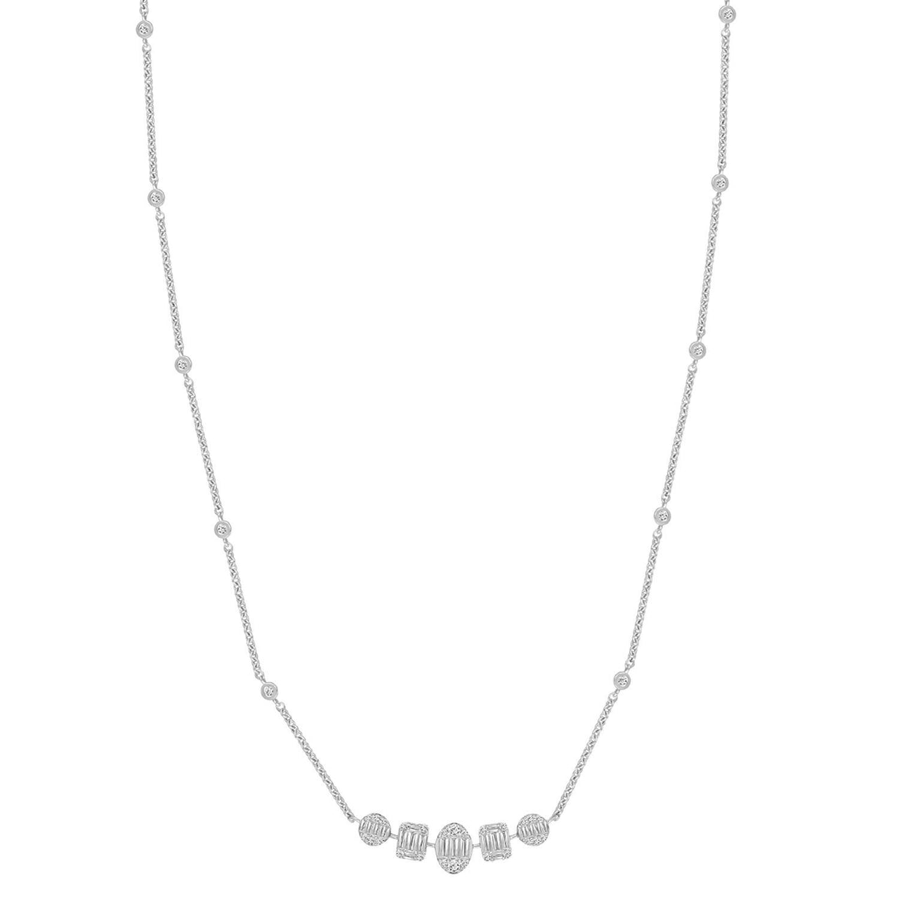 LADIES NECKLACE 1 CT ROUND/BAGUETTE DIAMOND 14K WHITE GOLD