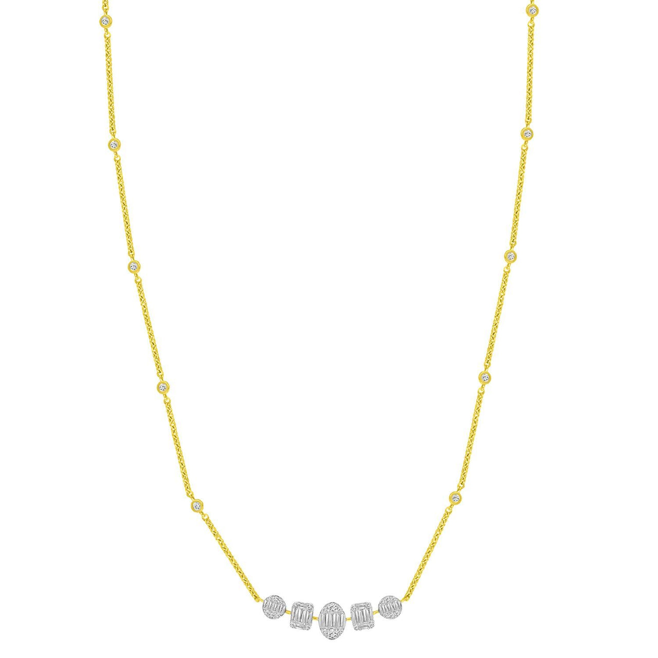 LADIES NECKLACE 1 CT ROUND/BAGUETTE DIAMOND 14K YELLOW GOLD