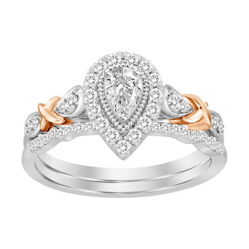 LADIES BRIDAL RING SET 1/2 CT ROUND/PEAR DIAMOND 14K TT WHITE & ROSE GOLD