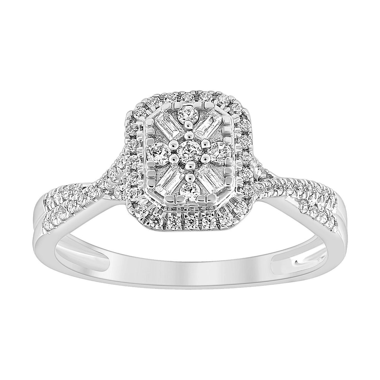LADIES RING 1/4 CT ROUND/BAGUETTE DIAMOND 10K WHITE GOLD