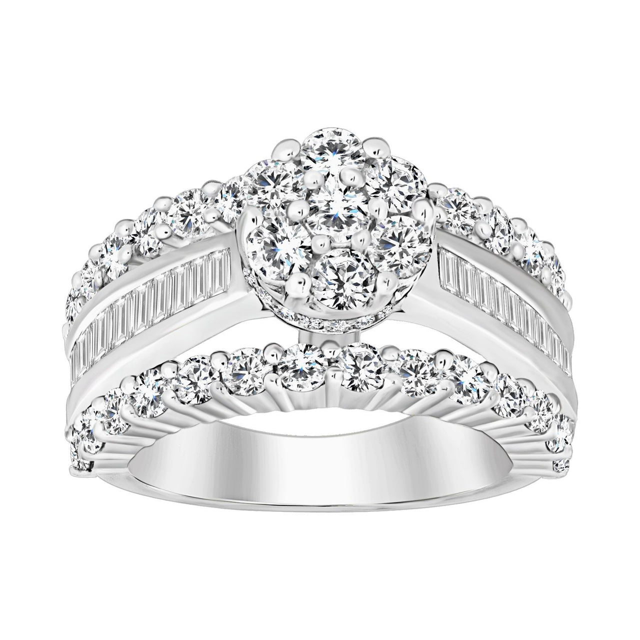 LADIES RING 3 CT ROUND/BAGUETTE DIAMOND 10K WHITE GOLD