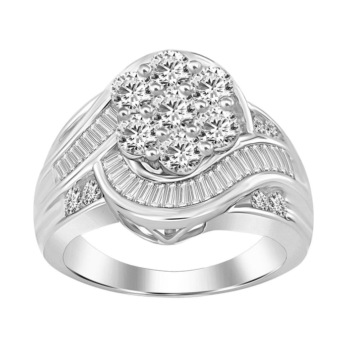 LADIES RING 3 CT ROUND/BAGUETTE DIAMOND 10K WHITE GOLD