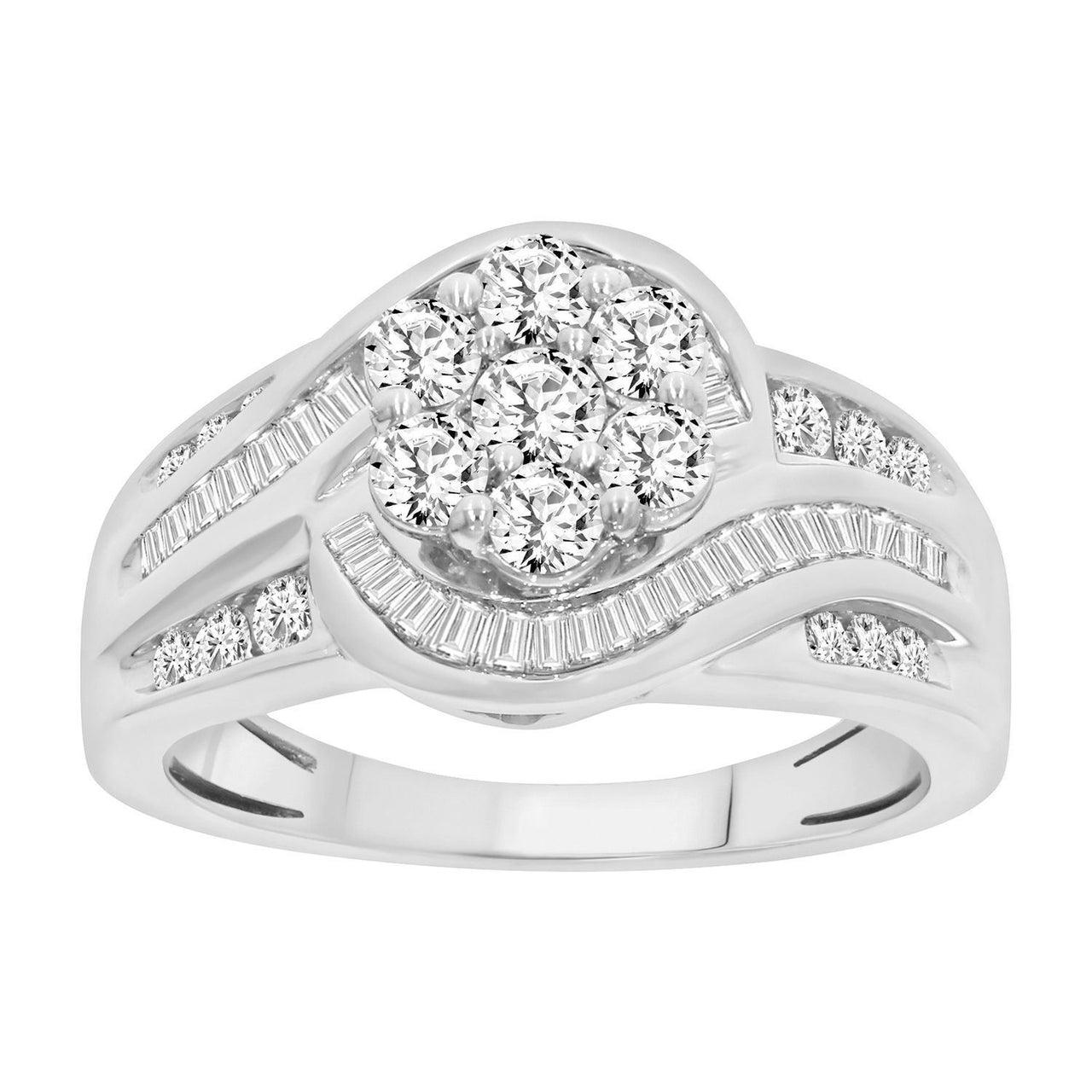LADIES RING 1 CT ROUND/BAGUETTE DIAMOND 10K WHITE GOLD