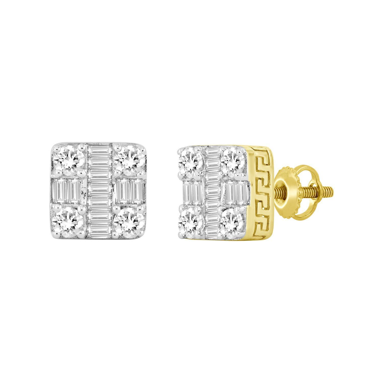MEN'S EARRING 1 CT ROUND/BAGUETTE DIAMOND 10K YELLOW GOLD