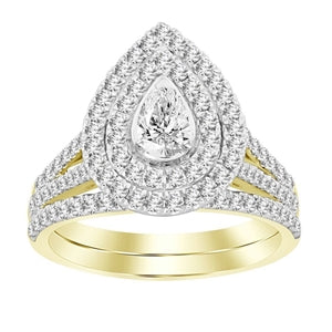 LADIES BRIDAL RING SET 1 CT ROUND/PEAR DIAMOND 14K WHITE GOLD