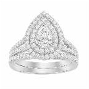LADIES BRIDAL RING SET 1 CT ROUND/PEAR DIAMOND 14K WHITE GOLD