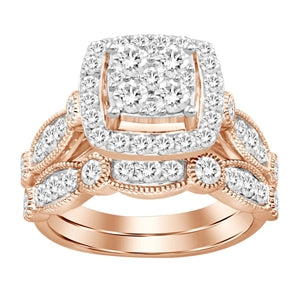 LADIES BRIDAL RING SET 1 1/2 CT ROUND DIAMOND 14K ROSE GOLD
