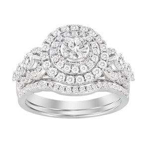 LADIES BRIDAL RING SET 1 1/2 CT ROUND DIAMOND 14K WHITE GOLD