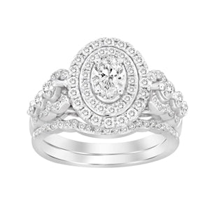 LADIES BRIDAL RING SET 1 1/2 CT ROUND/OVAL DIAMOND 14K WHITE GOLD
