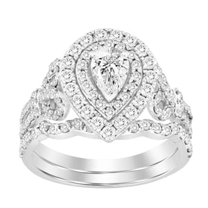 LADIES BRIDAL RING SET 1 1/2 CT ROUND/PEAR DIAMOND 14K WHITE GOLD