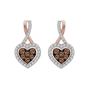 LADIES EARRINGS 3/4 CT CHOCOLATE/WHITE ROUND DIAMOND 10K ROSE GOLD