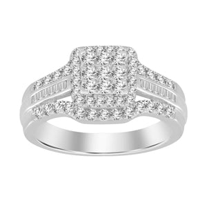 LADIES RING 1 CT ROUND/BAGUETTE DIAMOND 10K WHITE GOLD