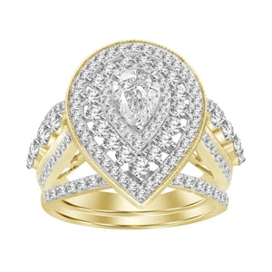 LADIES BRIDAL RING SET 2 CT ROUND/PEAR DIAMOND 14KT YELLOW GOLD