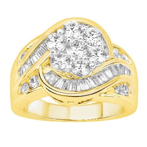 LADIES RING 2 CT ROUND/BAGUETTE DIAMOND 10K YELLOW GOLD