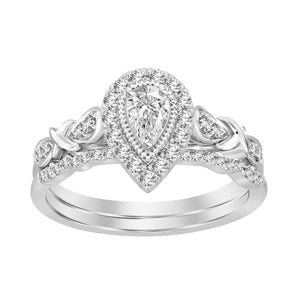 LADIES BRIDAL RING SET 1/2 CT ROUND/PEAR DIAMOND 14K WHITE GOLD