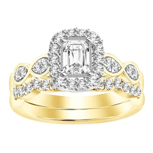 LADIES BRIDAL RING SET 1 CT ROUND/EMERALD DIAMOND 14K YELLOW GOLD