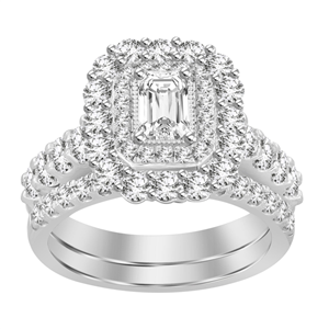 LADIES BRIDAL RING SET 2 CT ROUND/EMERALD DIAMOND 14K WHITE GOLD