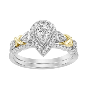 LADIES BRIDAL RING SET 1/2 CT ROUND/PEAR DIAMOND 14K TT WHITE & YELLOW GOLD