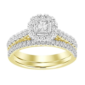 LADIES BRIDAL RING SET 1 CT ROUND/PRINCESS DIAMOND 14K YELLOW GOLD