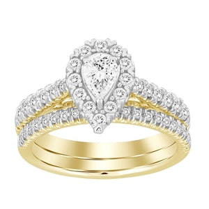 LADIES BRIDAL RING SET 1 CT ROUND/PEAR DIAMOND 14K YELLOW GOLD