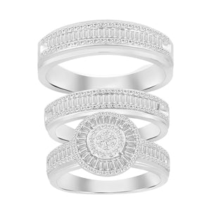 LADIES TRIO SET 1 CT ROUND/BAGUETTE DIAMOND 10K WHITE GOLD