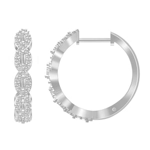 LADIES HOOPS EARRING 1/4 CT ROUND/BAGUETTE DIAMOND 10K WHITE GOLD