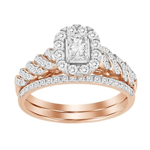 LADIES BRIDAL RING SET 1 CT ROUND/EMERALDA DIAMOND 14K ROSE GOLD