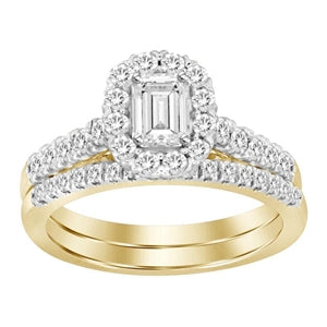 LADIES BRIDAL RING SET 1 CT ROUND/EMERALDA DIAMOND 14K YELLOW GOLD