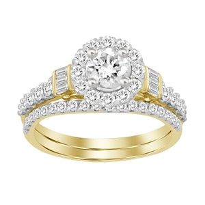 LADIES BRIDAL RING SET 1 CT ROUND/BAGUETTE DIAMOND 14K YELLOW GOLD