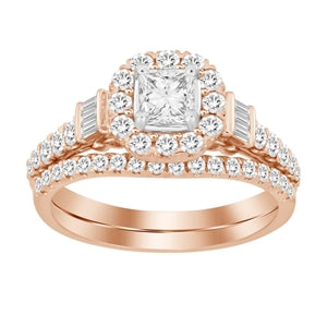 LADIES BRIDAL RING SET 1 CT ROUND/PRINCESS/BAGUETTE DIAMOND 14K ROSE GOLD