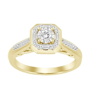 LADIES ENGAGEMENT RING 1/4 CT ROUND/BAGUETTE DIAMOND 10K YELLOW GOLD