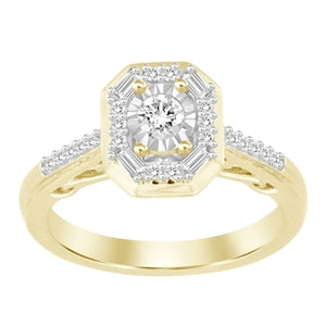 LADIES ENGAGEMENT RING 1/4 CT ROUND/BAGUETTE DIAMOND 10K YELLOW GOLD