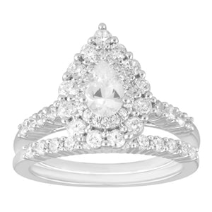 LADIES BRIDAL RING SET 1 1/4 CT ROUND/PEAR DIAMOND 14K WHITE GOLD