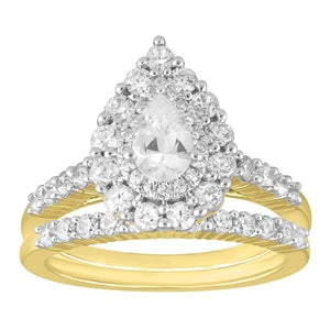 LADIES BRIDAL RING SET 1 1/4 CT ROUND/PEAR DIAMOND 14K YELLOW GOLD