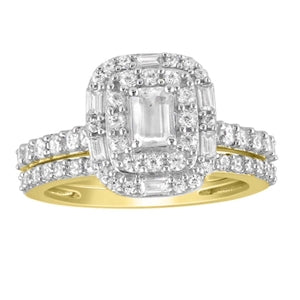 LADIES BRIDAL RING SET 1 1/4 CT EMERALD/ROUND/BAGUETTE DIAMOND 14K YELLOW GOLD