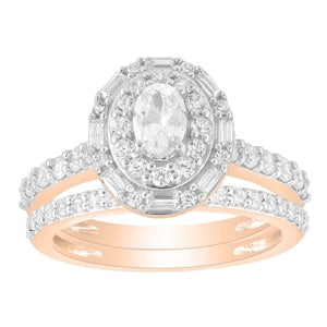 LADIES BRIDAL RING SET 1 1/4 CT ROUND/BAGUETTE DIAMOND 14K ROSE GOLD