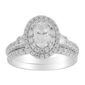 LADIES BRIDAL RING SET 1 1/2 CT ROUND/OVAL/BAGUETTE DIAMOND 14K WHITE GOLD