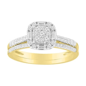 LADIES BRIDAL RING SET 1/2 CT ROUND/BAGUETTE DIAMOND 10K YELLOW GOLD
