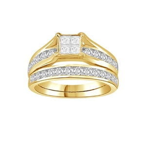 LADIES BRIDAL RING SET 1 CT ROUND/PRINCESS DIAMOND 14K  YELLOW GOLD