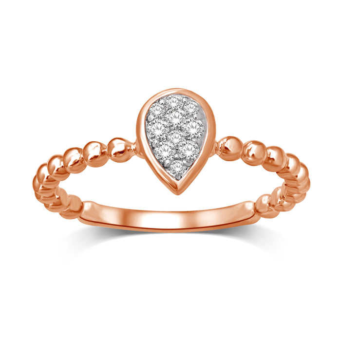 14K Rose Gold 1/10 Ctw Diamond Pear Shape Flower Ring with Accent of 14K White Gold.
