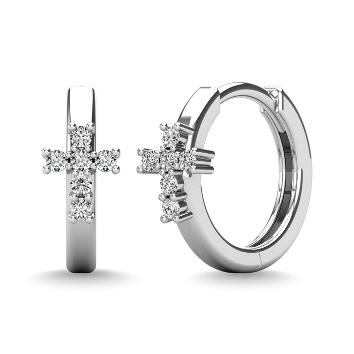 10K White Gold 1/8 Ctw Diamond Cross Hoop Earrings