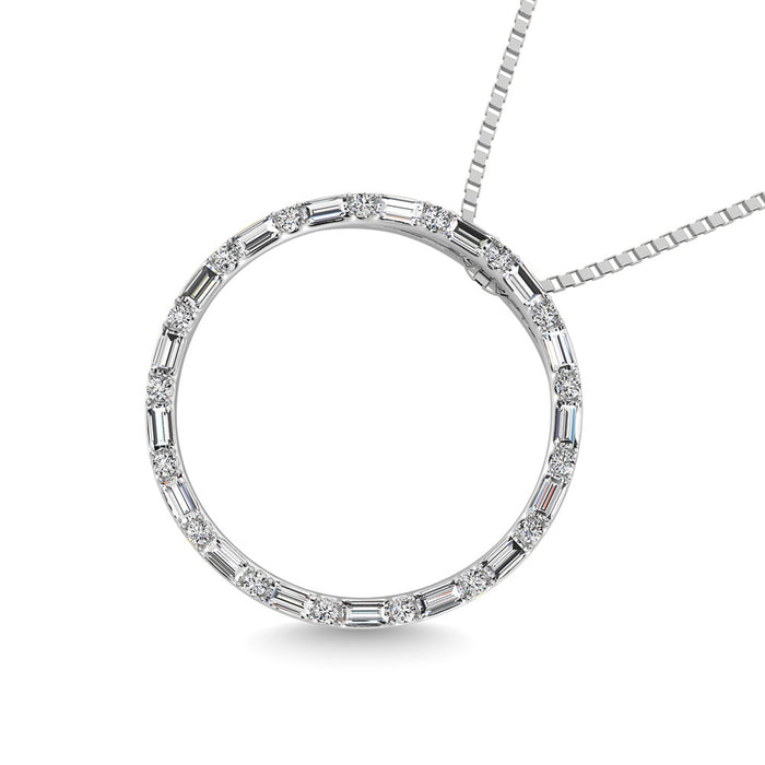 Diamond 1/5 Ct.Tw. Round and Baguette Cut Open Circle Pendant in 10K White Gold