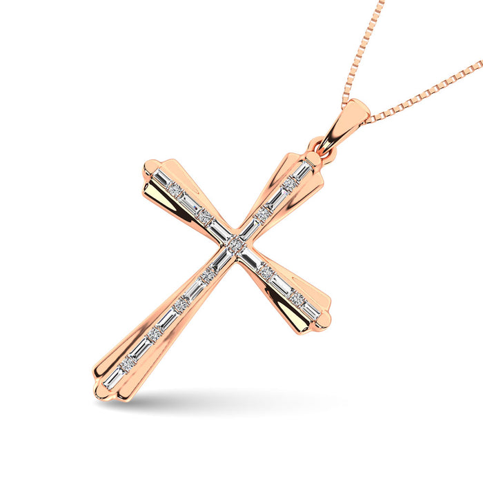 Diamond 1/6 Ct.Tw. Round and Baguette Cut Cross Pendant in 10K White Gold