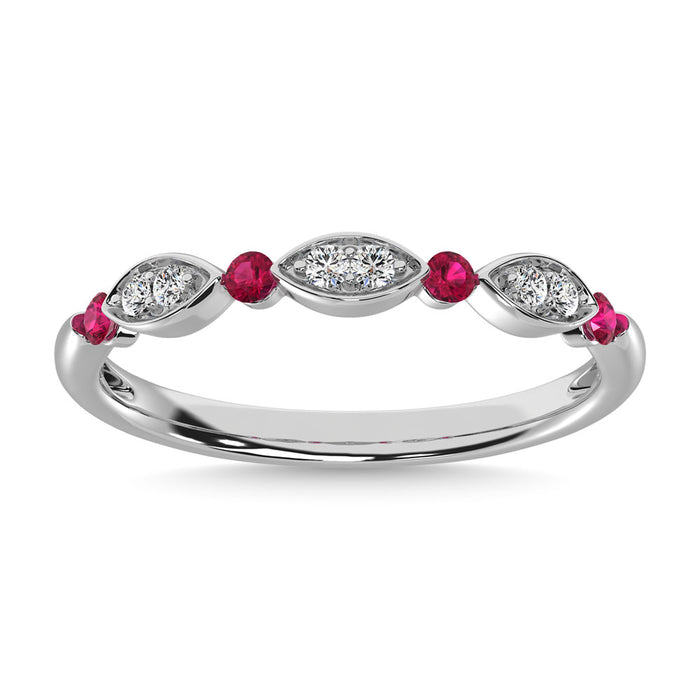 Diamond 1/5 Ct.Tw. And Ruby Stack Band in 14K White Gold