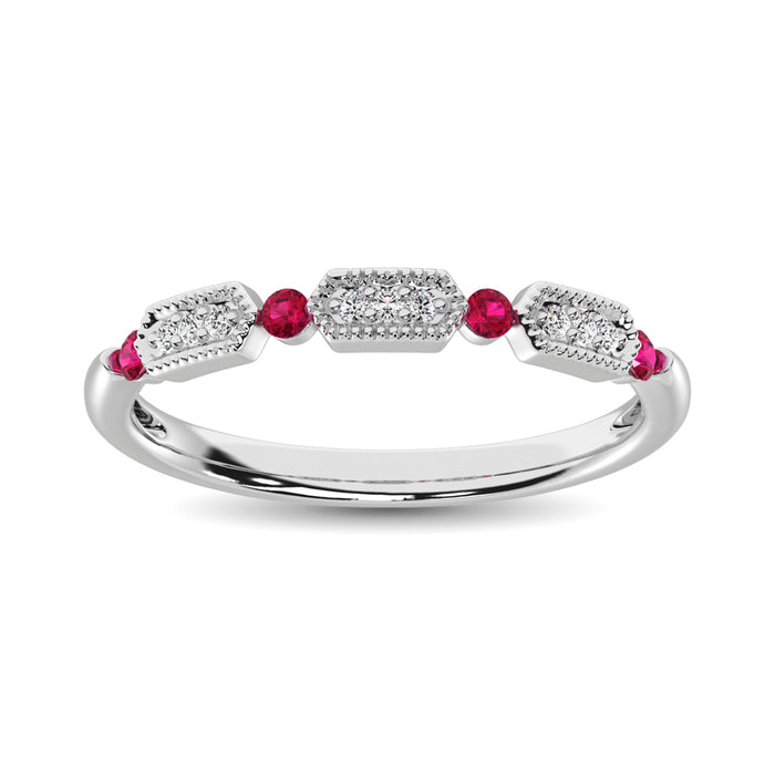 Diamond 1/5 Ct.Tw. And Ruby Stack Band in 14K White Gold ( 9 Diamond and 4 Ruby )