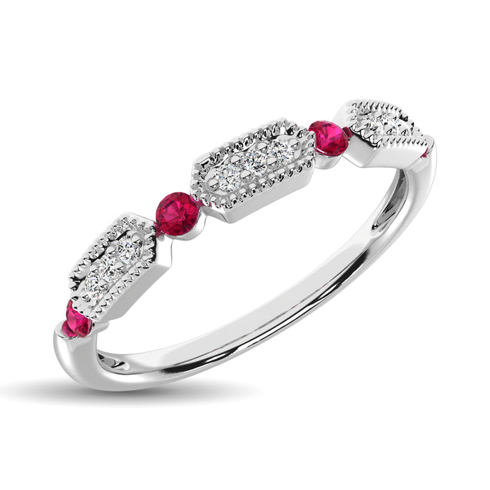 Diamond 1/5 Ct.Tw. And Ruby Stack Band in 14K White Gold ( 9 Diamond and 4 Ruby )